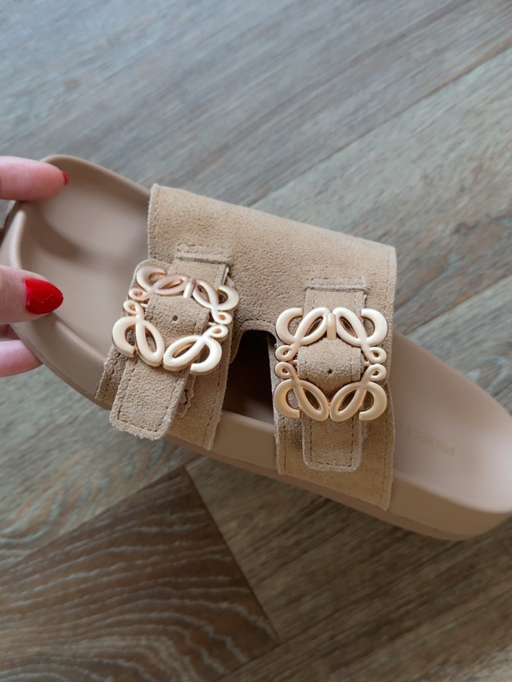 🔥 Women’s Double-Buckle Slide Sandals in Taupe with Decorative Gold Hardware - Picture 2 of 6